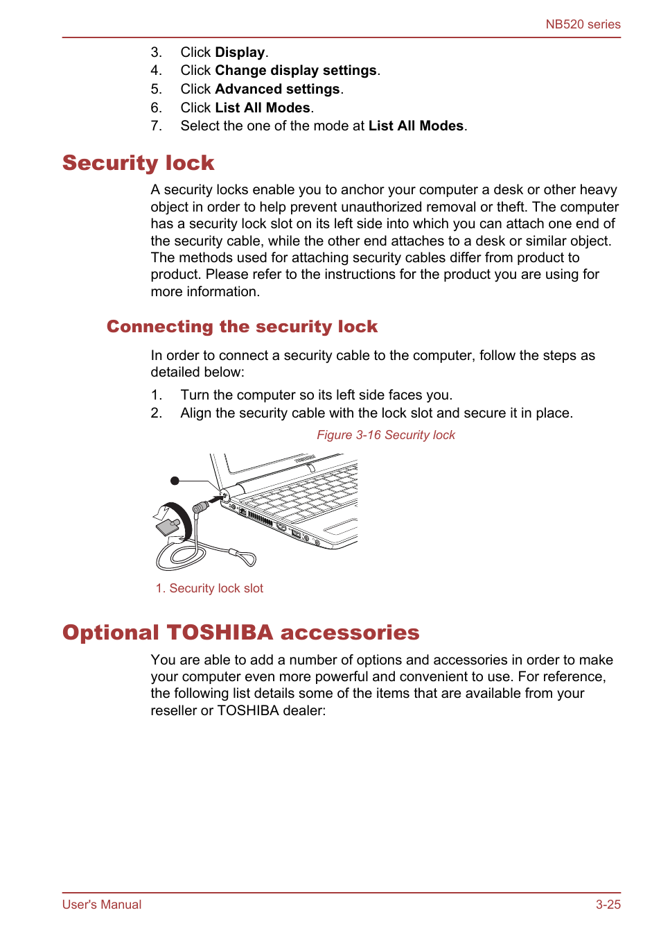Security lock, Connecting the security lock, Optional toshiba accessories | Security lock -25 optional toshiba accessories -25 | Toshiba NB520 User Manual | Page 59 / 129