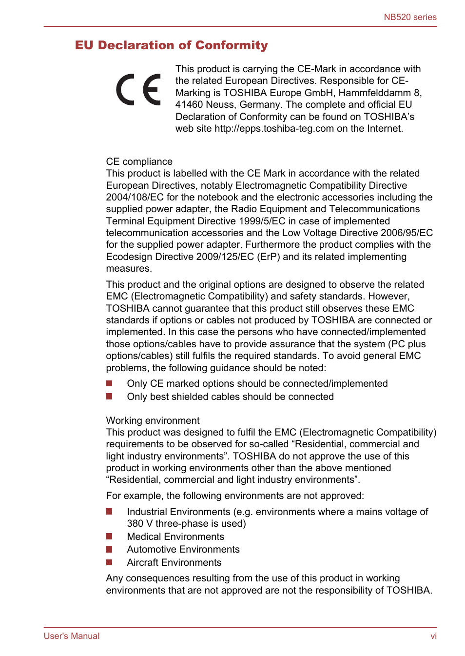 Eu declaration of conformity | Toshiba NB520 User Manual | Page 6 / 129