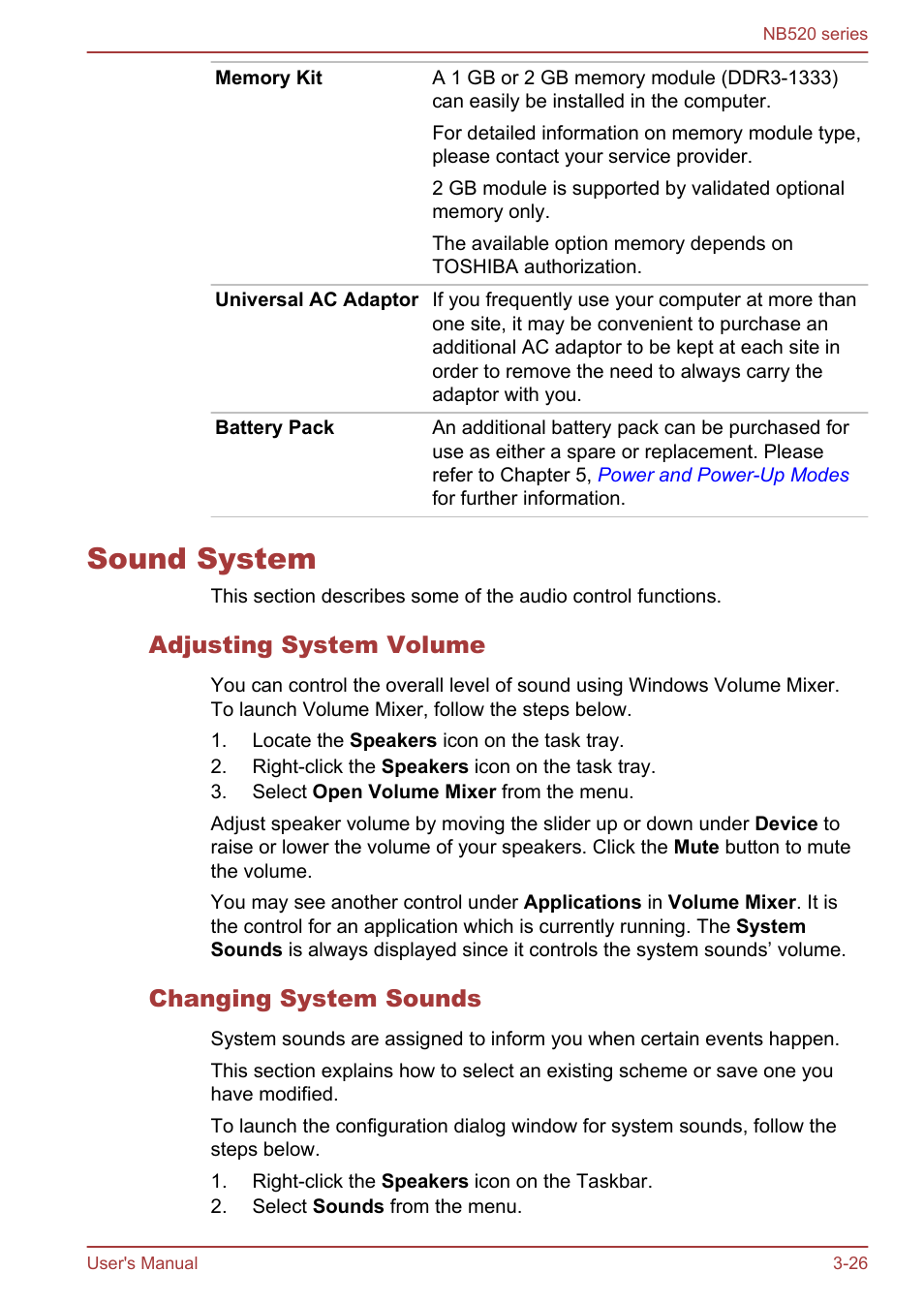 Sound system, Adjusting system volume, Changing system sounds | Sound system -26 | Toshiba NB520 User Manual | Page 60 / 129