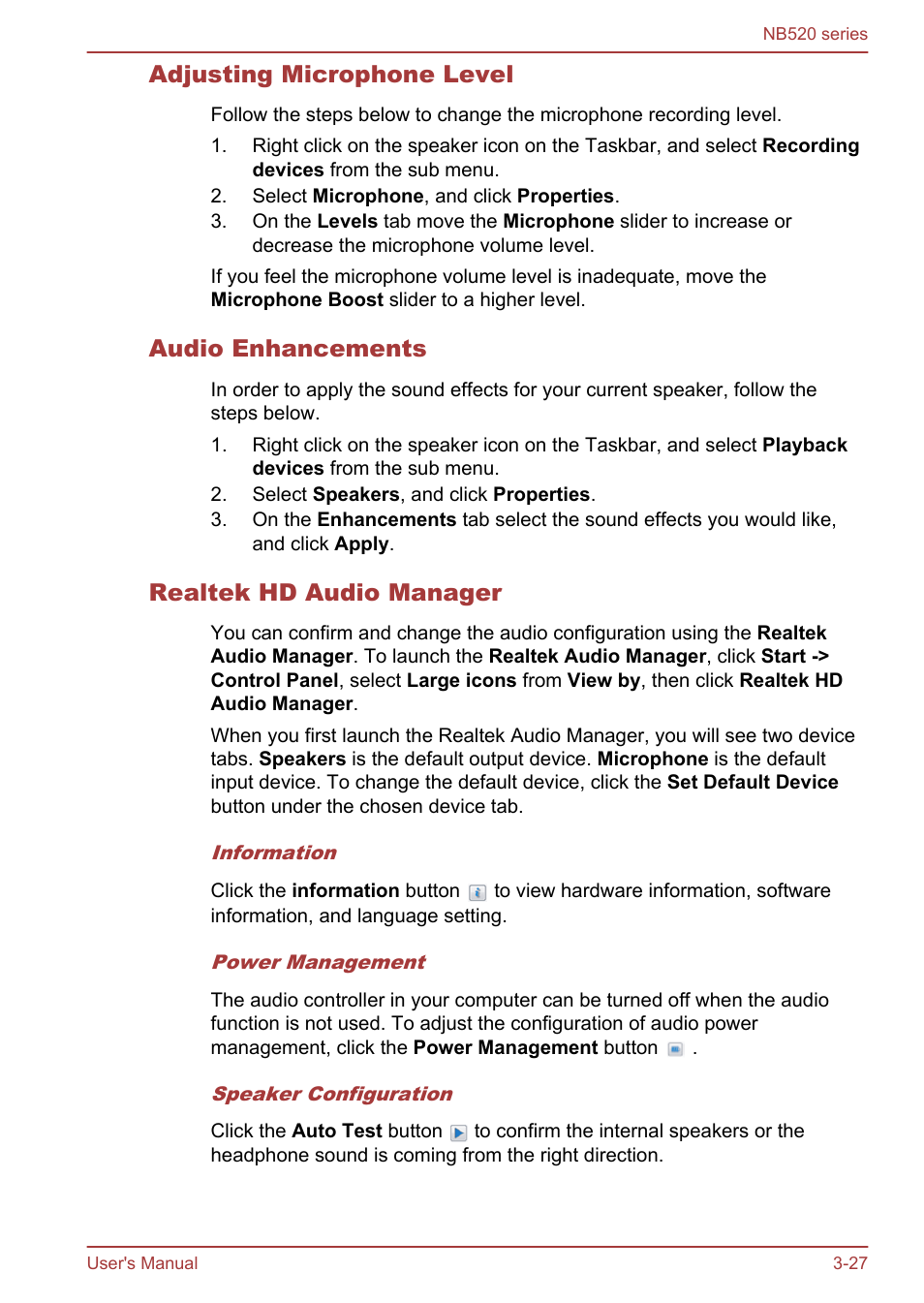 Adjusting microphone level, Audio enhancements, Realtek hd audio manager | Toshiba NB520 User Manual | Page 61 / 129