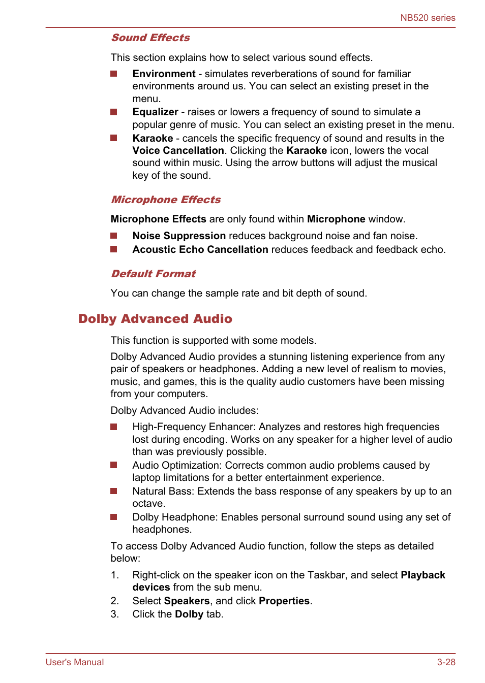 Dolby advanced audio | Toshiba NB520 User Manual | Page 62 / 129