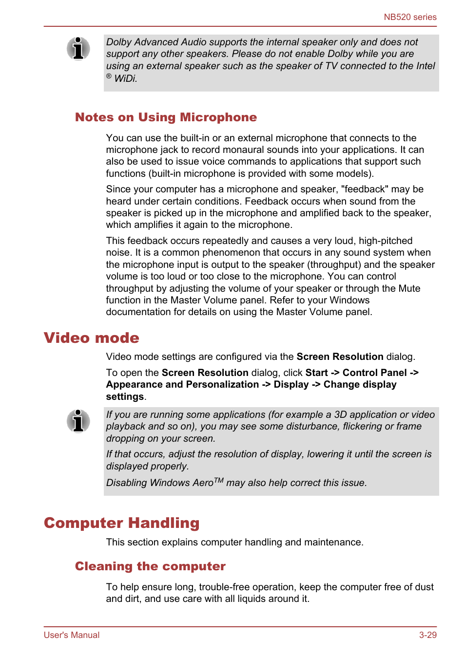 Notes on using microphone, Video mode, Computer handling | Cleaning the computer, Video mode -29 computer handling -29 | Toshiba NB520 User Manual | Page 63 / 129