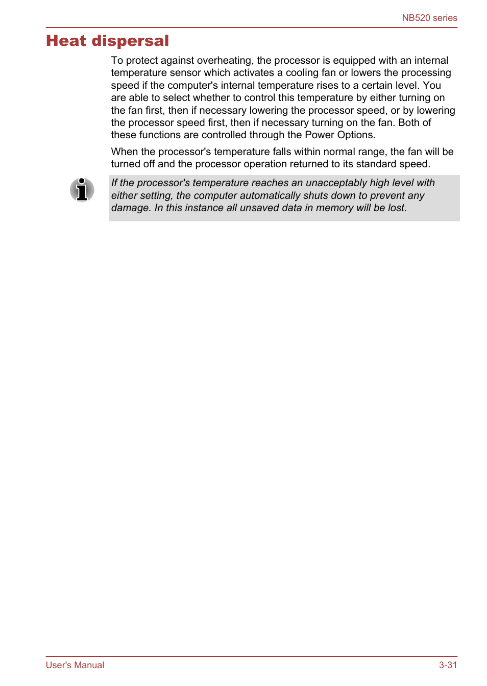 Heat dispersal, Heat dispersal -31 | Toshiba NB520 User Manual | Page 65 / 129