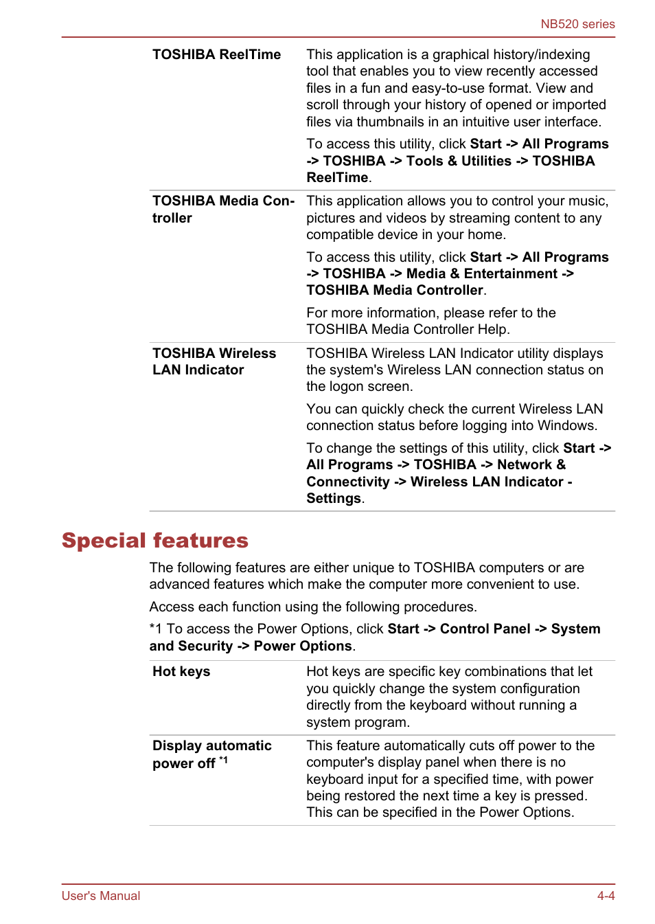 Special features, Special features -4 | Toshiba NB520 User Manual | Page 69 / 129