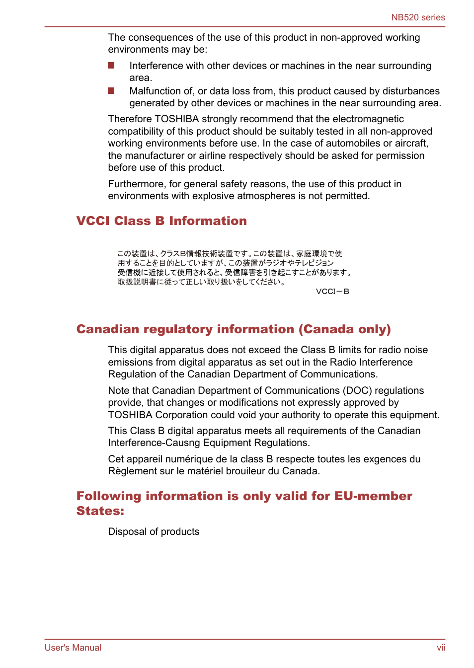 Vcci class b information, Canadian regulatory information (canada only) | Toshiba NB520 User Manual | Page 7 / 129