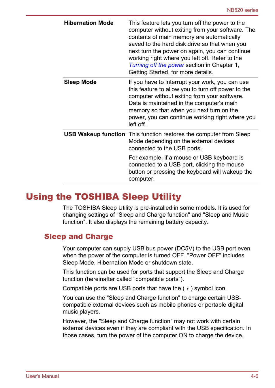 Using the toshiba sleep utility, Sleep and charge, Using the toshiba sleep utility -6 | Toshiba NB520 User Manual | Page 71 / 129