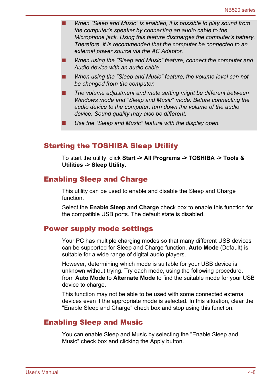 Starting the toshiba sleep utility, Enabling sleep and charge, Power supply mode settings | Enabling sleep and music | Toshiba NB520 User Manual | Page 73 / 129