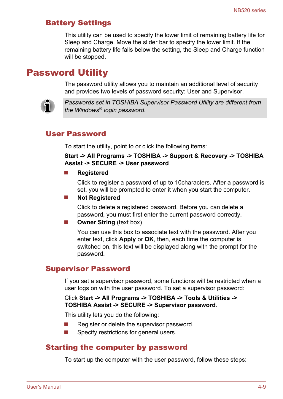 Battery settings, Password utility, User password | Supervisor password, Starting the computer by password, Password utility -9 | Toshiba NB520 User Manual | Page 74 / 129