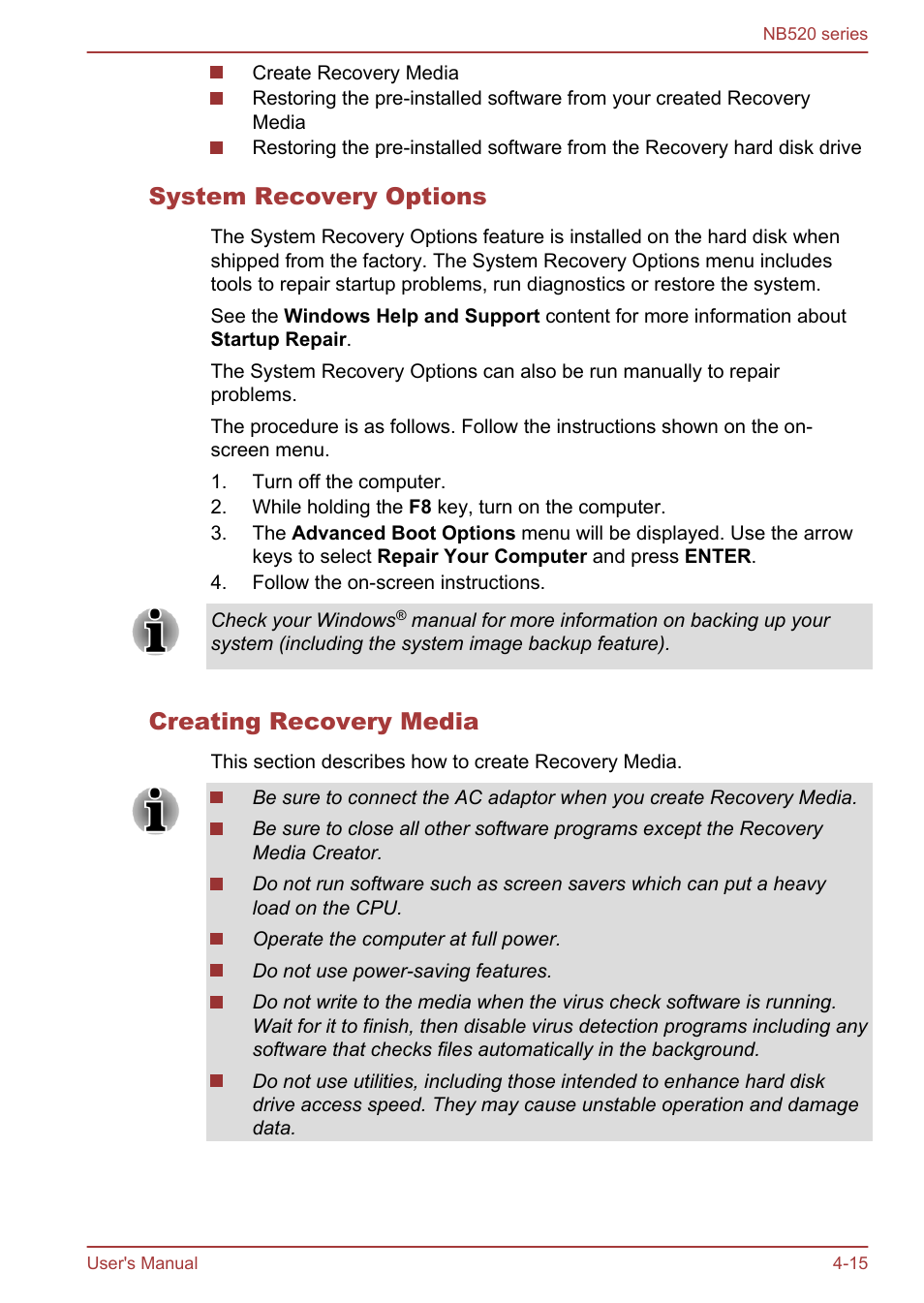 System recovery options, Creating recovery media | Toshiba NB520 User Manual | Page 80 / 129