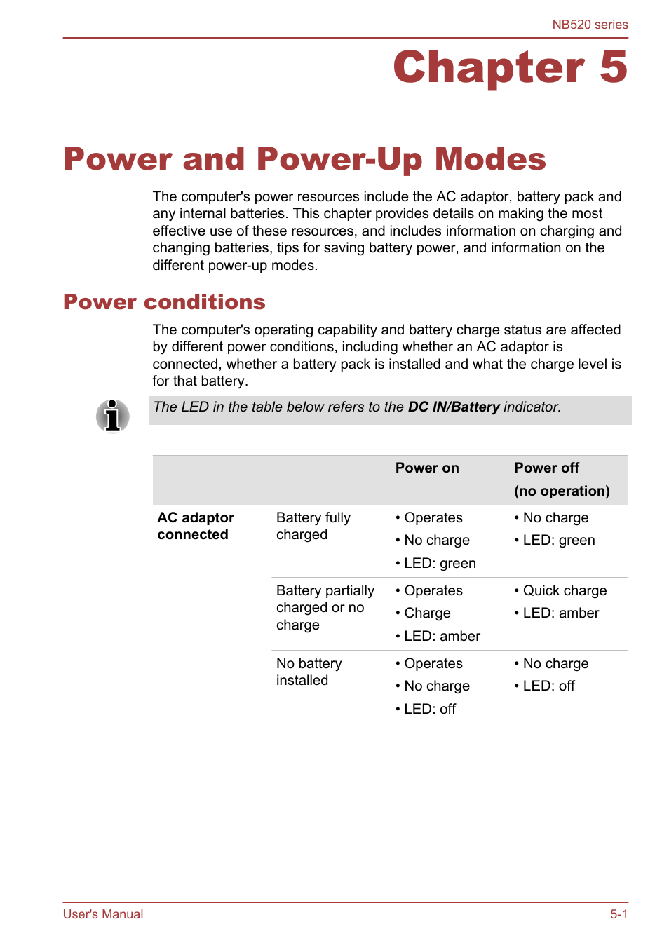 Chapter 5 power and power-up modes, Power conditions, Chapter 5 | Power and power-up modes, Power conditions -1, Power, And power-up modes | Toshiba NB520 User Manual | Page 84 / 129
