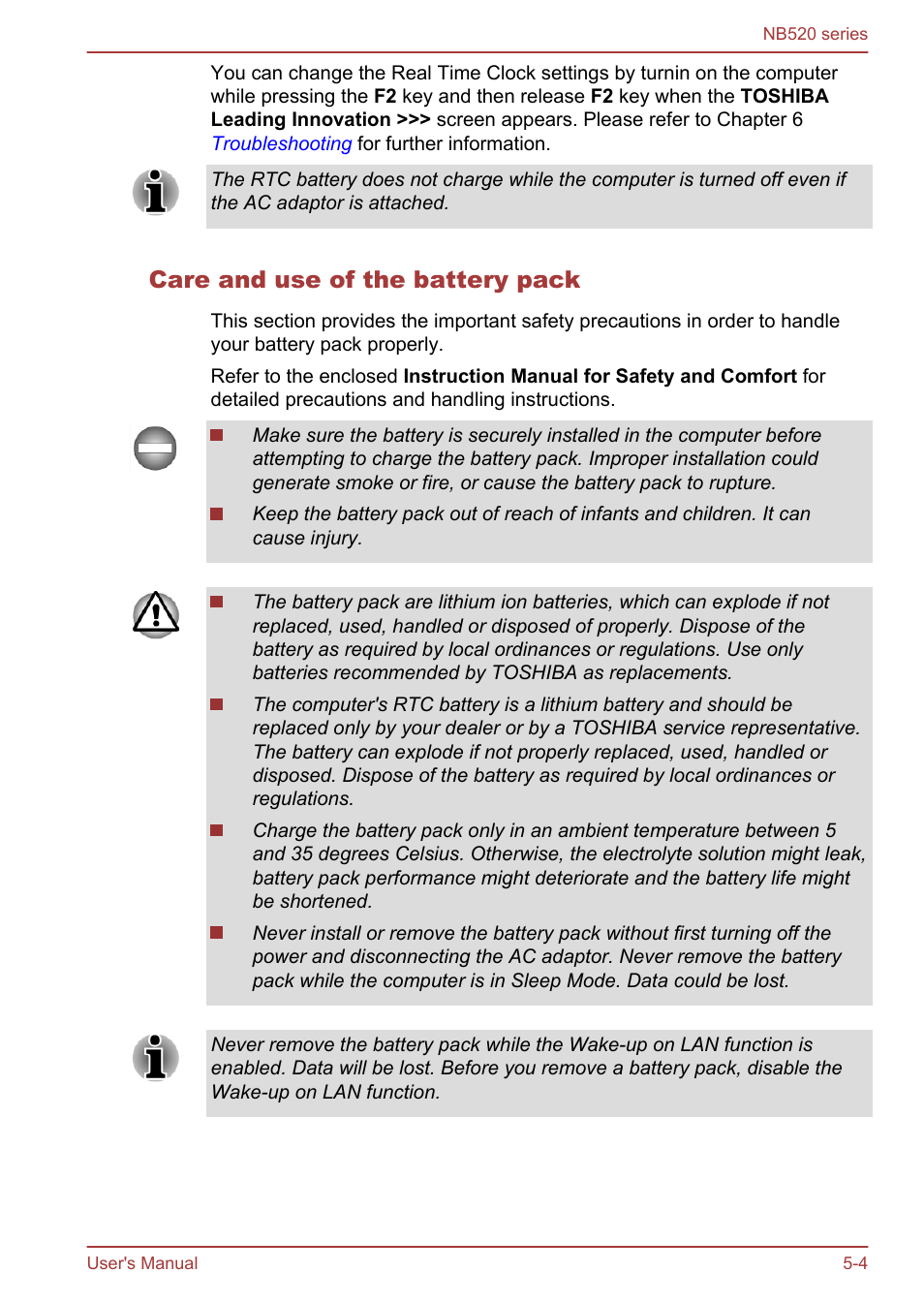 Care and use of the battery pack | Toshiba NB520 User Manual | Page 87 / 129