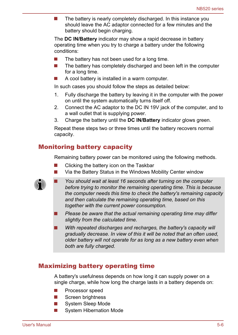 Monitoring battery capacity, Maximizing battery operating time | Toshiba NB520 User Manual | Page 89 / 129