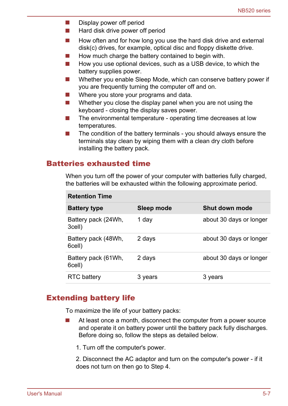 Batteries exhausted time, Extending battery life | Toshiba NB520 User Manual | Page 90 / 129