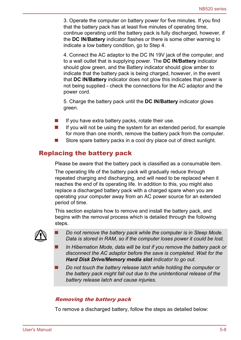 Replacing the battery pack | Toshiba NB520 User Manual | Page 91 / 129