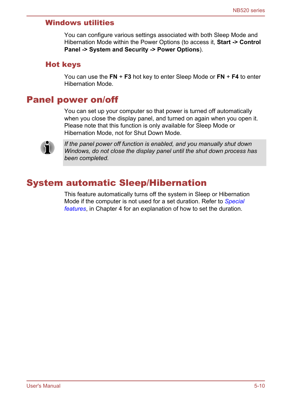 Windows utilities, Hot keys, Panel power on/off | System automatic sleep/hibernation | Toshiba NB520 User Manual | Page 93 / 129