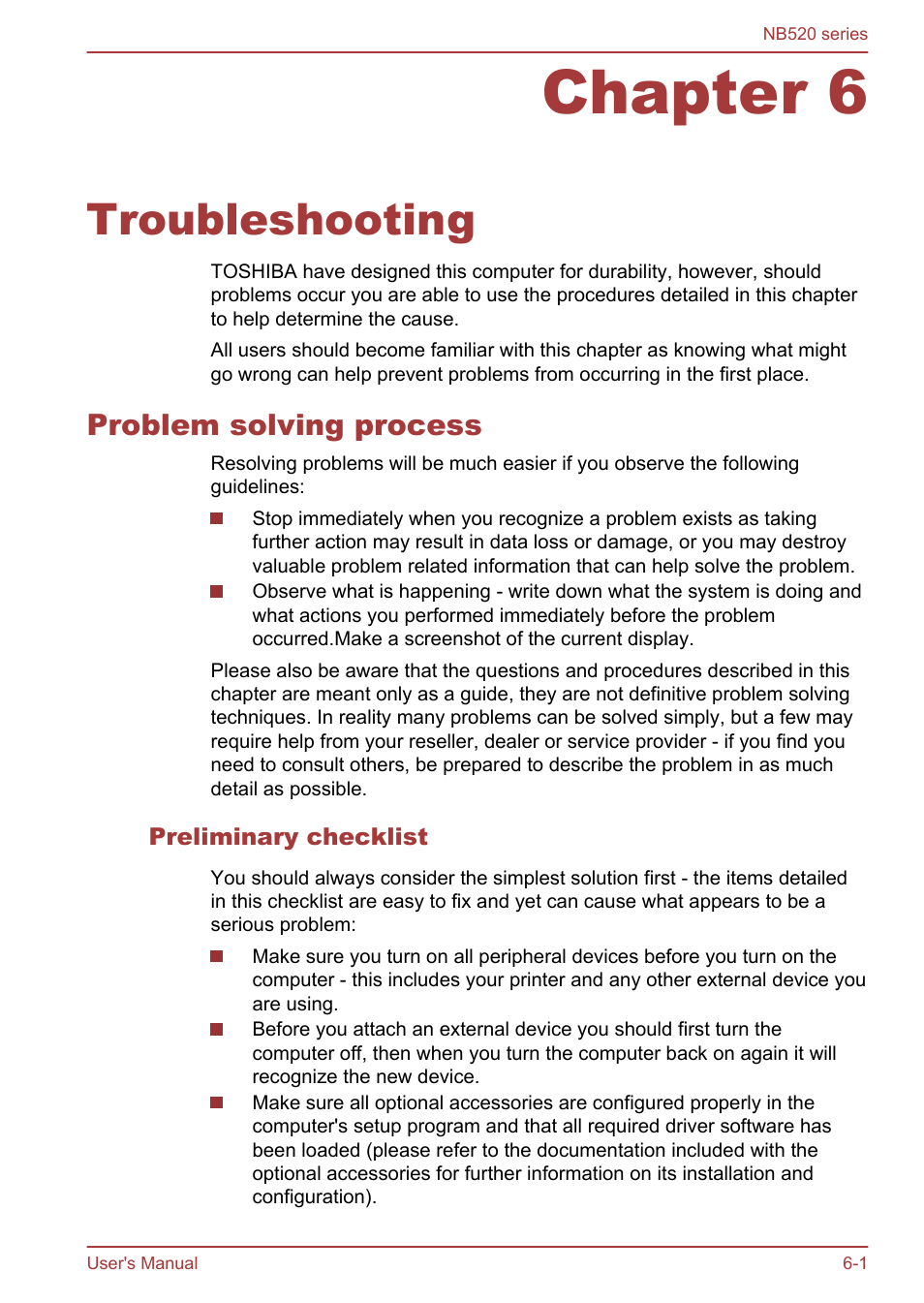 Chapter 6 troubleshooting, Problem solving process, Preliminary checklist | Chapter 6, Troubleshooting, Problem solving process -1 | Toshiba NB520 User Manual | Page 94 / 129
