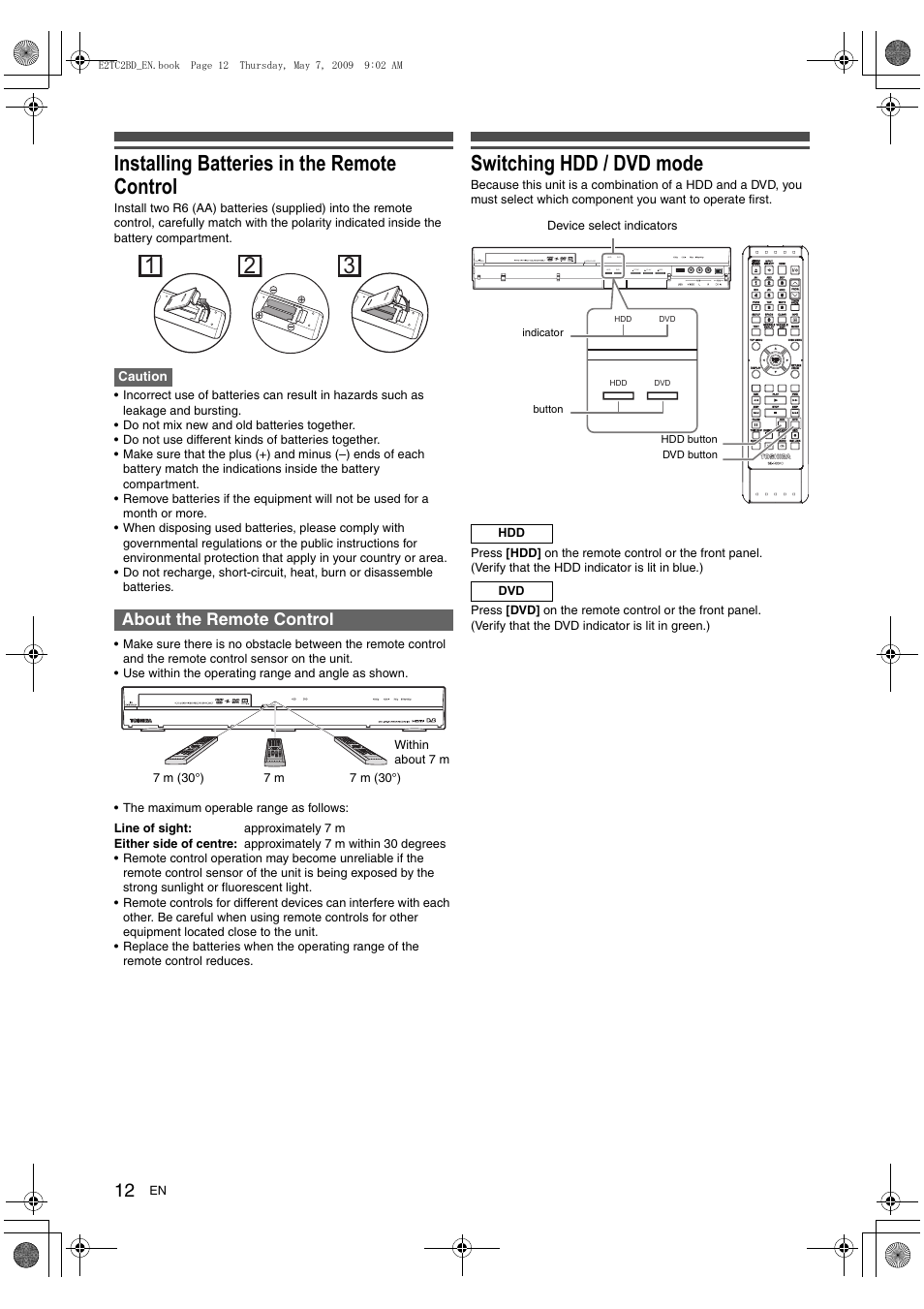 Installing batteries in the remote control, Switching hdd / dvd mode, About the remote control | Toshiba RD99 User Manual | Page 12 / 80