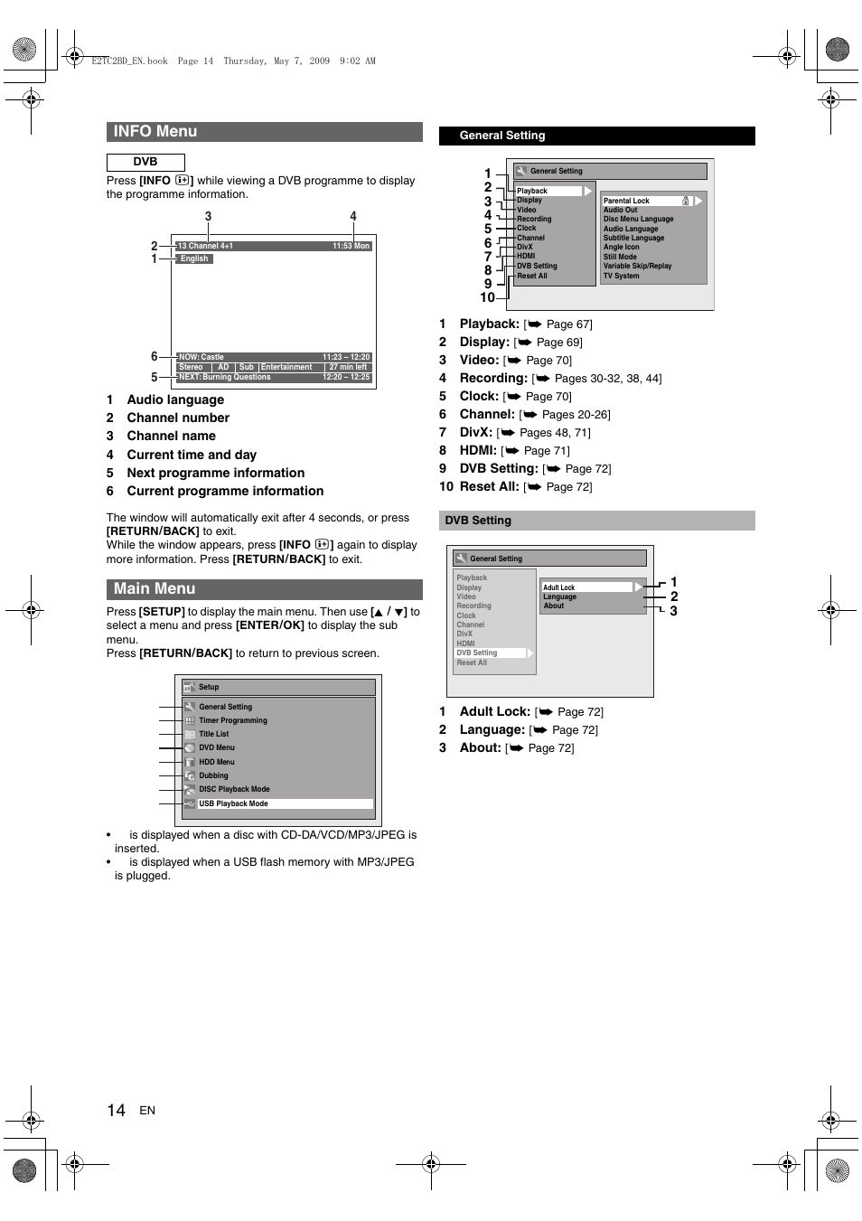 Info menu, Main menu | Toshiba RD99 User Manual | Page 14 / 80