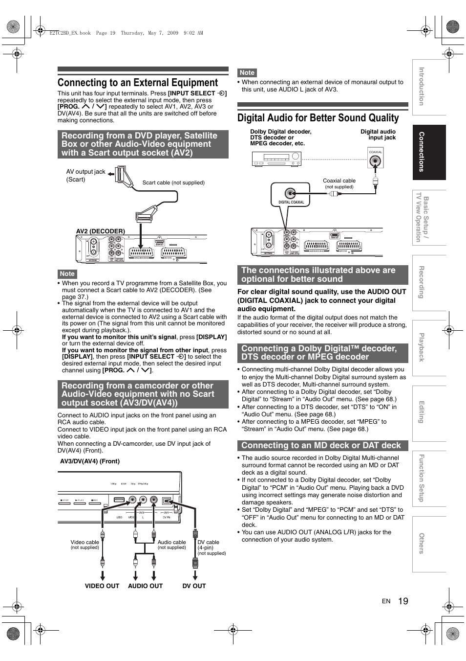 Connecting to an external equipment, Digital audio for better sound quality | Toshiba RD99 User Manual | Page 19 / 80