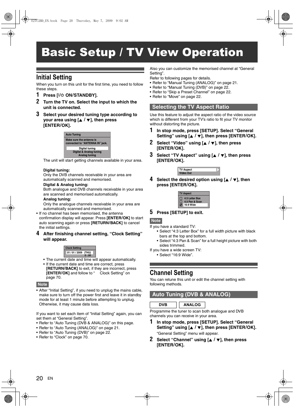 Basic setup / tv view operation, Initial setting, Channel setting | Toshiba RD99 User Manual | Page 20 / 80