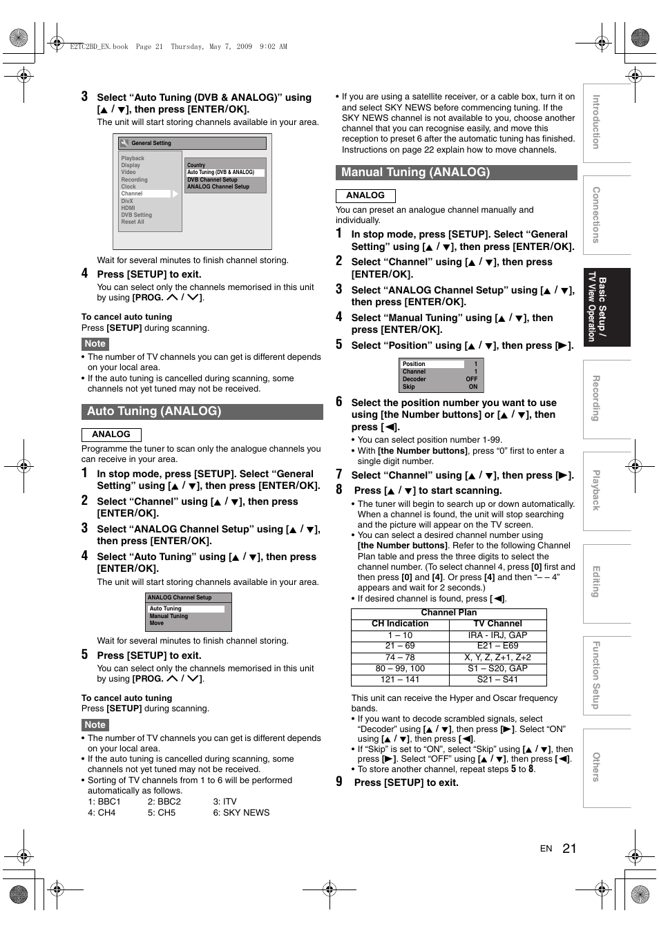 Auto tuning (analog), Manual tuning (analog) | Toshiba RD99 User Manual | Page 21 / 80