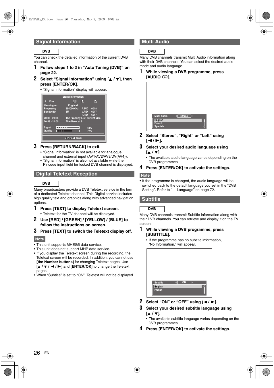 Signal information, Digital teletext reception, Multi audio | Subtitle | Toshiba RD99 User Manual | Page 26 / 80