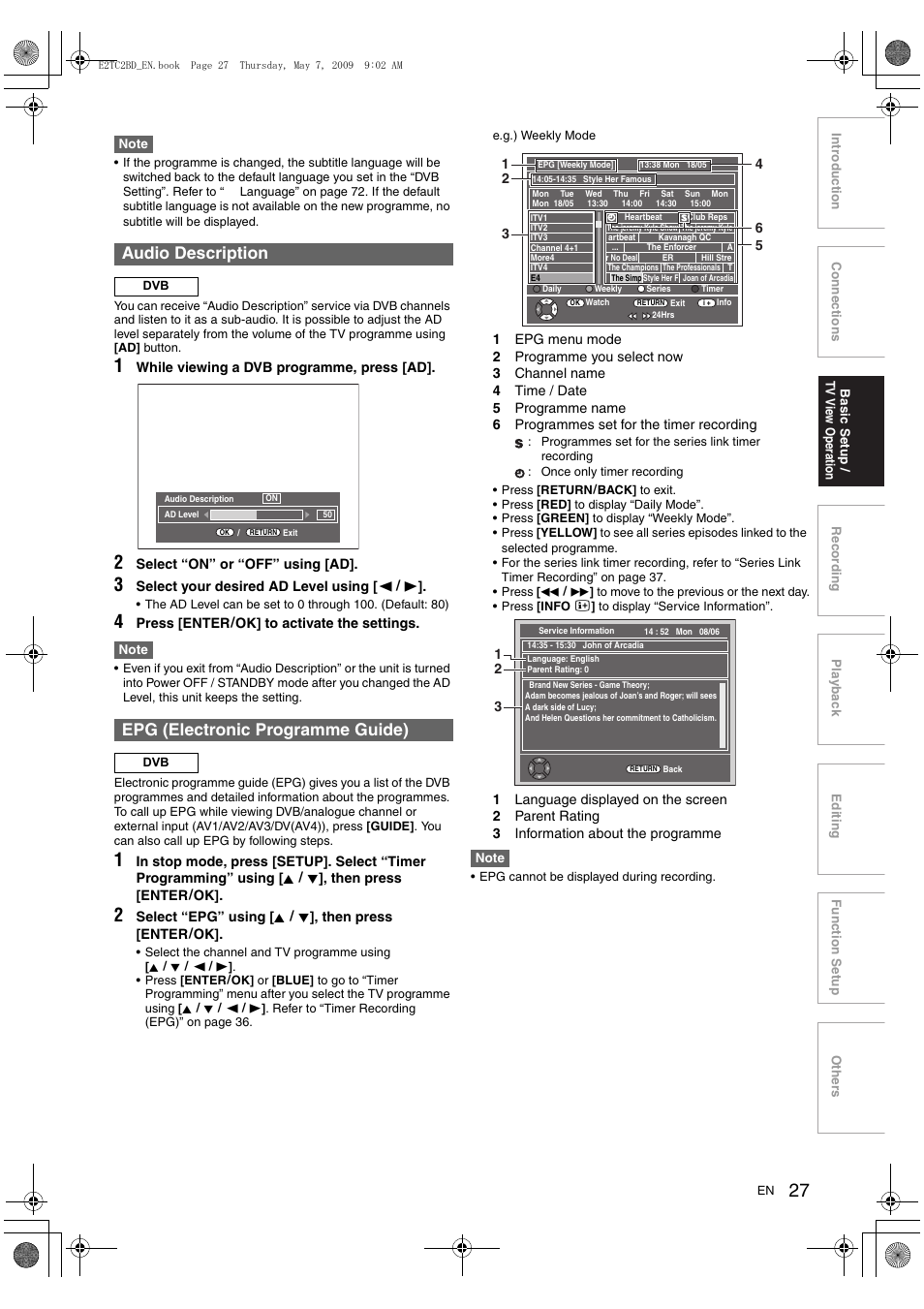 Audio description, Epg (electronic programme guide) | Toshiba RD99 User Manual | Page 27 / 80