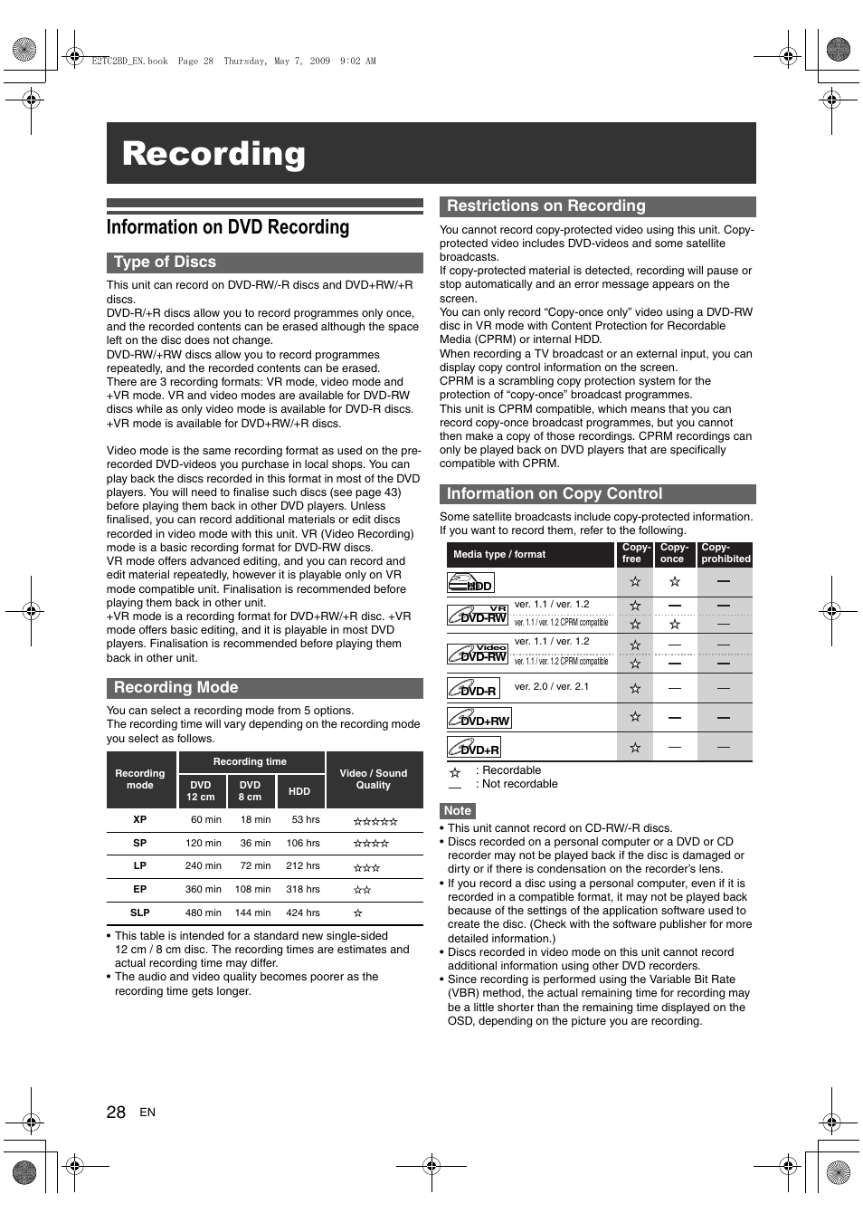 Recording, Information on dvd recording, Type of discs recording mode | Toshiba RD99 User Manual | Page 28 / 80