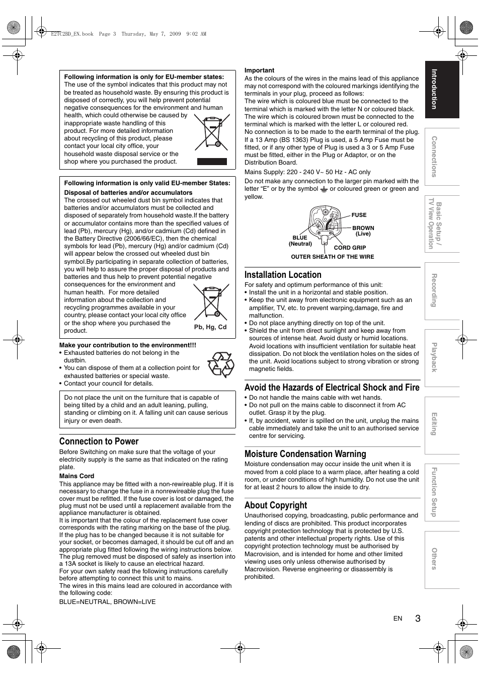 Connection to power, Installation location, Avoid the hazards of electrical shock and fire | Moisture condensation warning, About copyright | Toshiba RD99 User Manual | Page 3 / 80