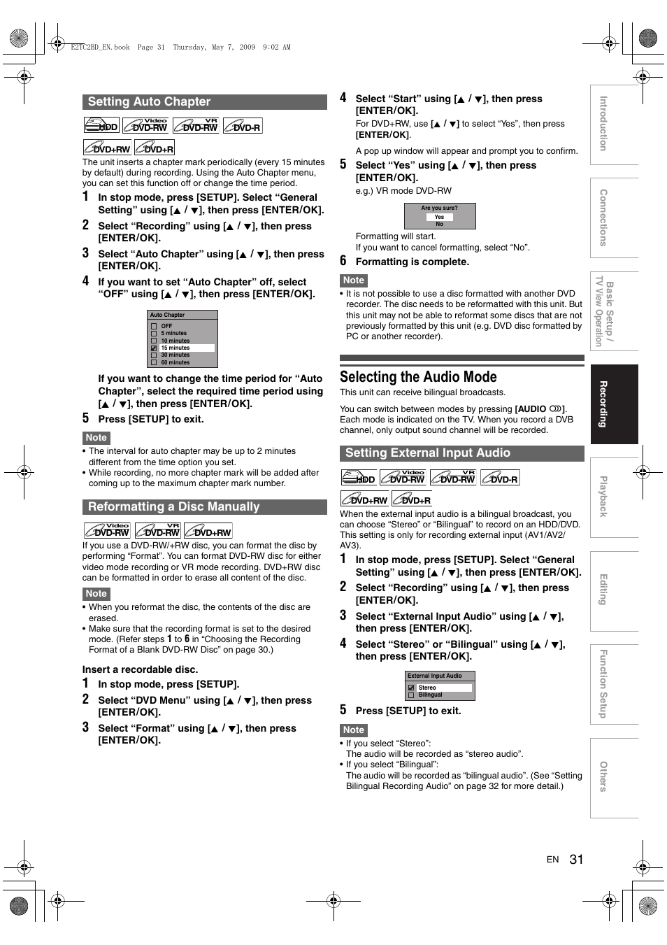 Selecting the audio mode, Setting auto chapter reformatting a disc manually, Setting external input audio | Toshiba RD99 User Manual | Page 31 / 80