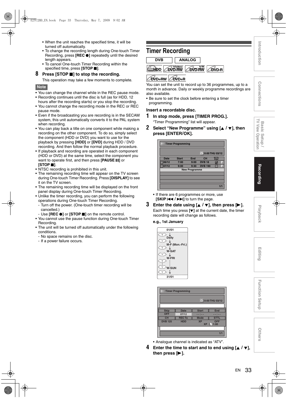 Timer recording | Toshiba RD99 User Manual | Page 33 / 80