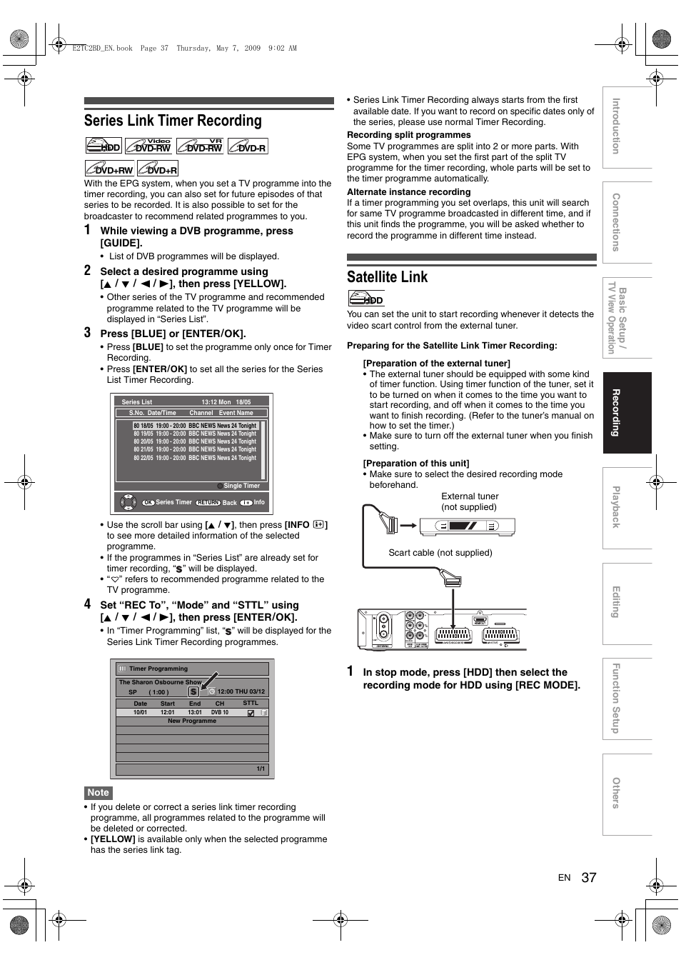 Series link timer recording, Satellite link | Toshiba RD99 User Manual | Page 37 / 80