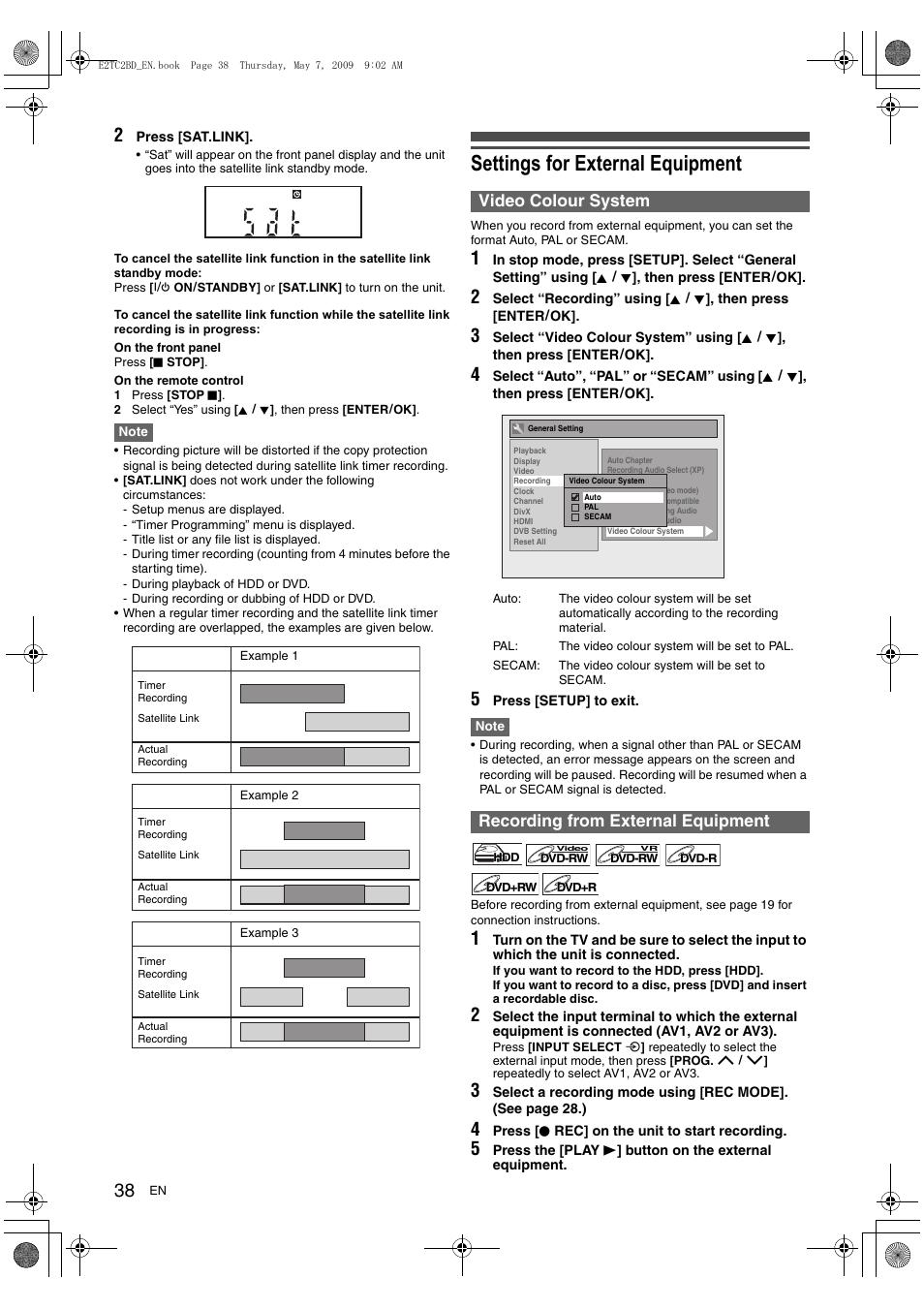 Settings for external equipment, Video colour system, Recording from external equipment | Toshiba RD99 User Manual | Page 38 / 80