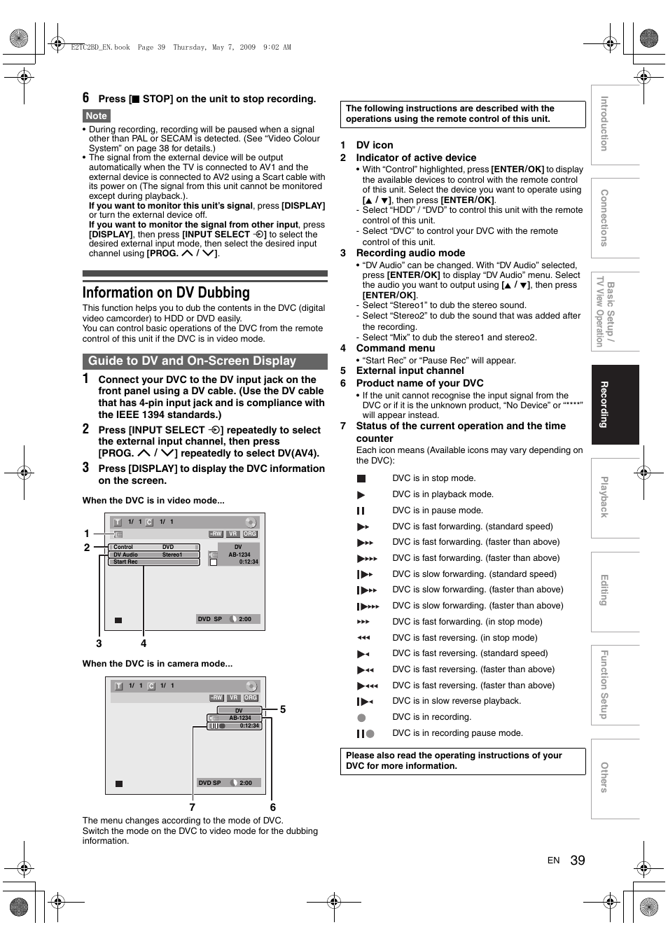 Information on dv dubbing, Guide to dv and on-screen display | Toshiba RD99 User Manual | Page 39 / 80