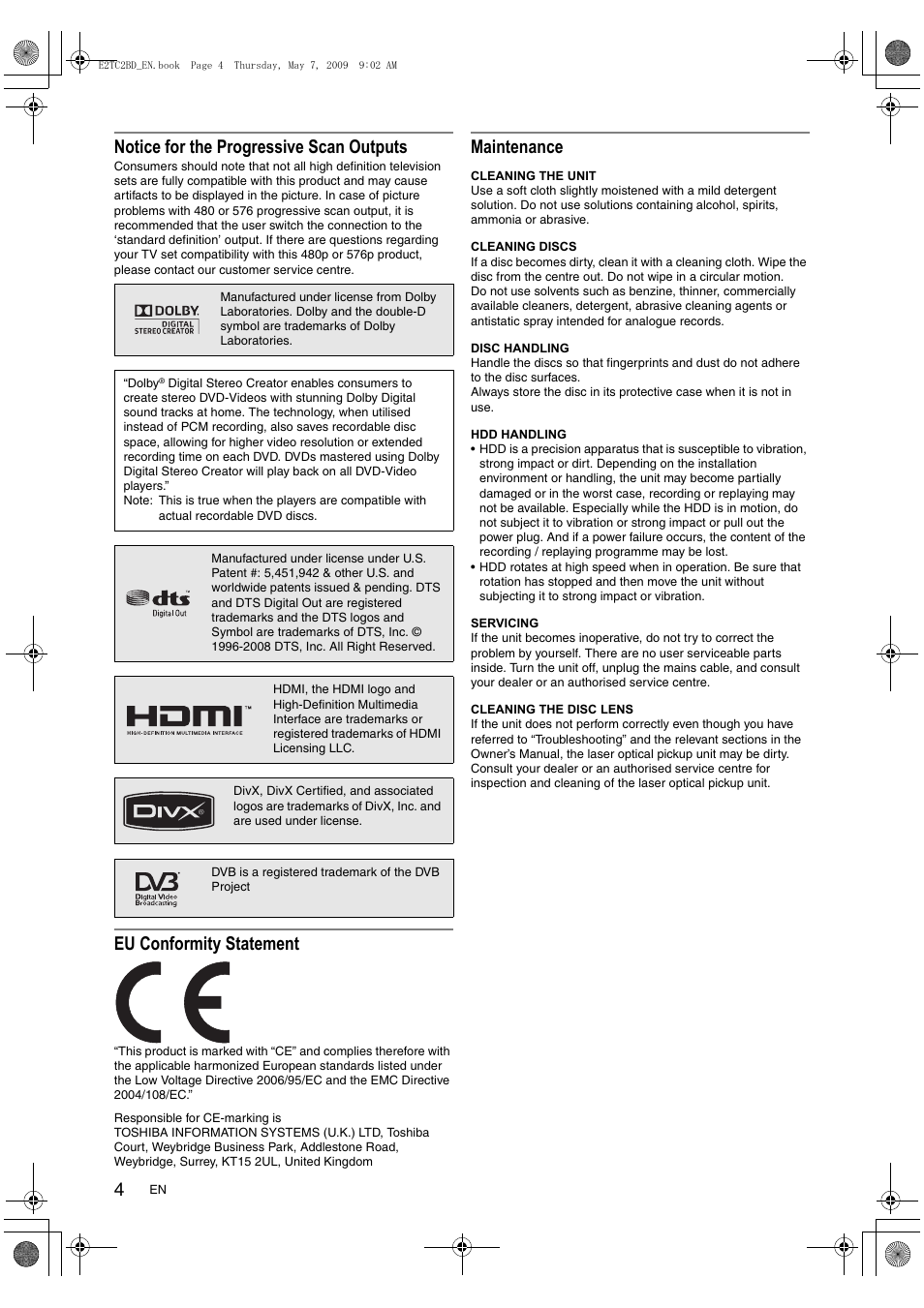 Notice for the progressive scan outputs, Eu conformity statement, Maintenance | Toshiba RD99 User Manual | Page 4 / 80