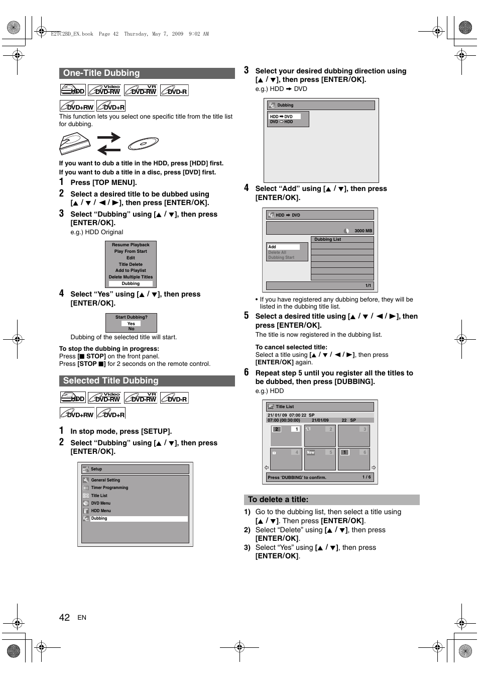 One-title dubbing selected title dubbing | Toshiba RD99 User Manual | Page 42 / 80