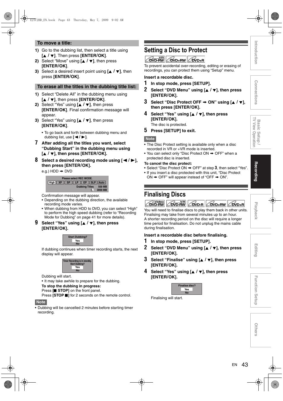 Setting a disc to protect, Finalising discs | Toshiba RD99 User Manual | Page 43 / 80