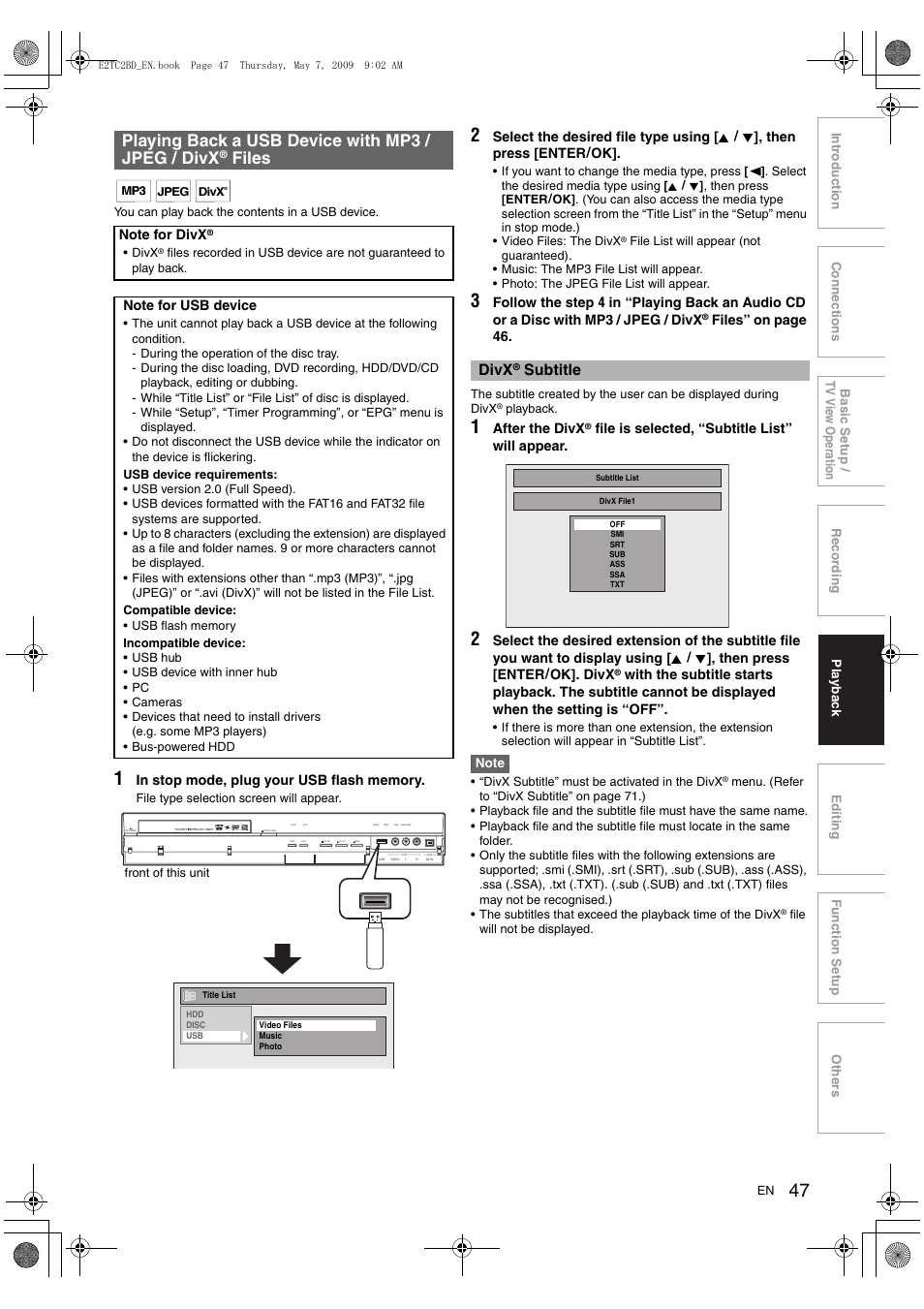 Playing back a usb device with mp3 / jpeg / divx, Files, Divx | Subtitle | Toshiba RD99 User Manual | Page 47 / 80