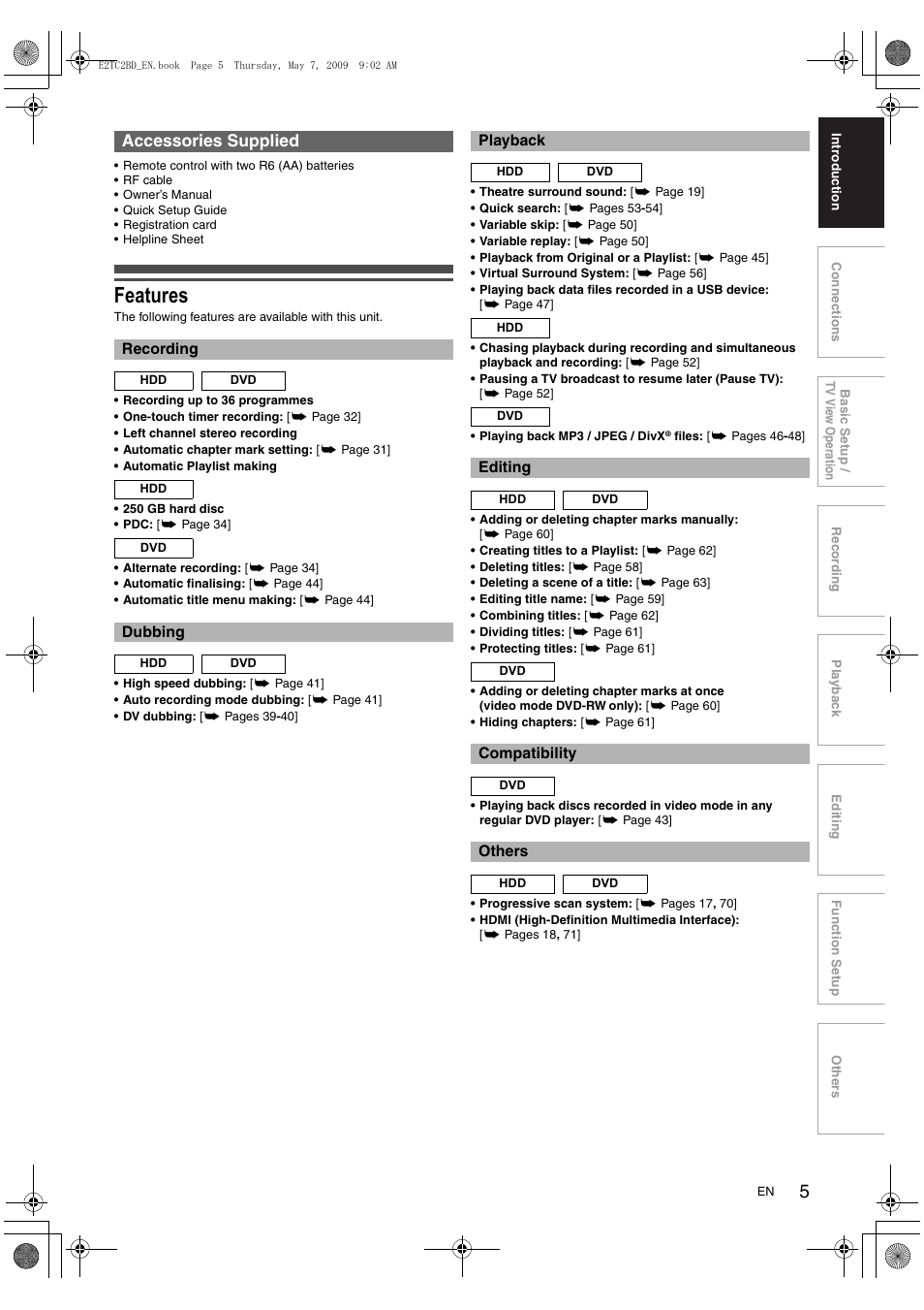 Features, Accessories supplied | Toshiba RD99 User Manual | Page 5 / 80