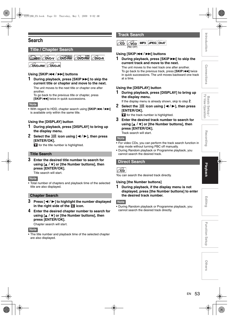 Search, Title / chapter search, Track search direct search | Toshiba RD99 User Manual | Page 53 / 80