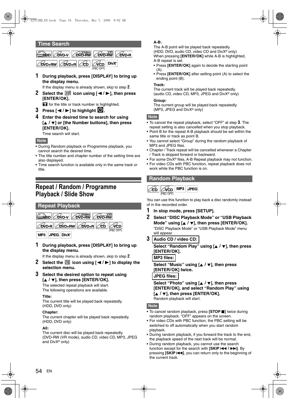 Repeat / random / programme playback / slide show, Time search repeat playback, Random playback | Toshiba RD99 User Manual | Page 54 / 80