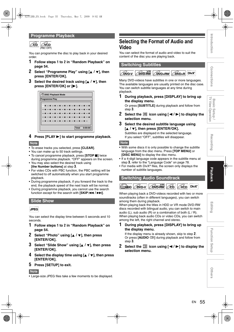 Selecting the format of audio and video, Programme playback slide show, Switching subtitles switching audio soundtrack | Toshiba RD99 User Manual | Page 55 / 80