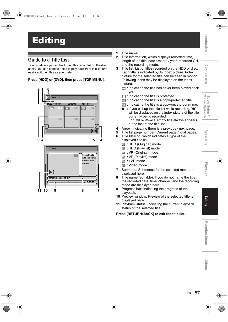 Editing, Guide to a title list | Toshiba RD99 User Manual | Page 57 / 80