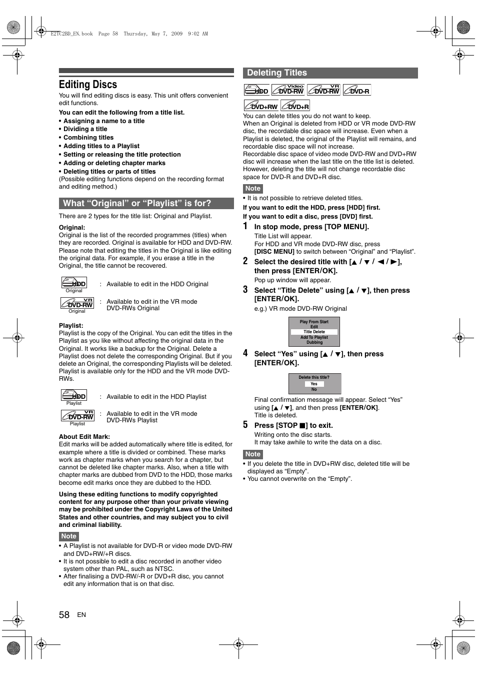 Editing discs, What “original” or “playlist” is for, Deleting titles | Toshiba RD99 User Manual | Page 58 / 80