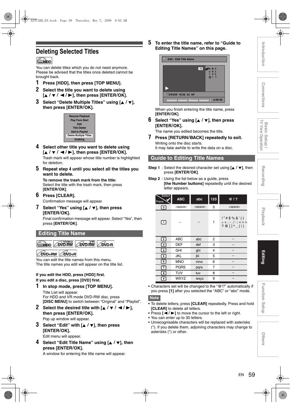 Deleting selected titles, Editing title name, Guide to editing title names | Toshiba RD99 User Manual | Page 59 / 80