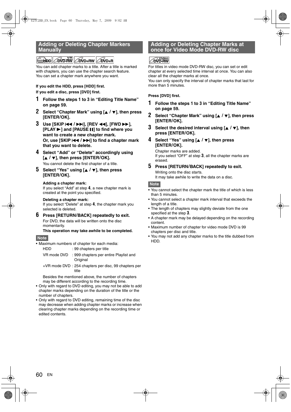 Adding or deleting chapter markers manually | Toshiba RD99 User Manual | Page 60 / 80