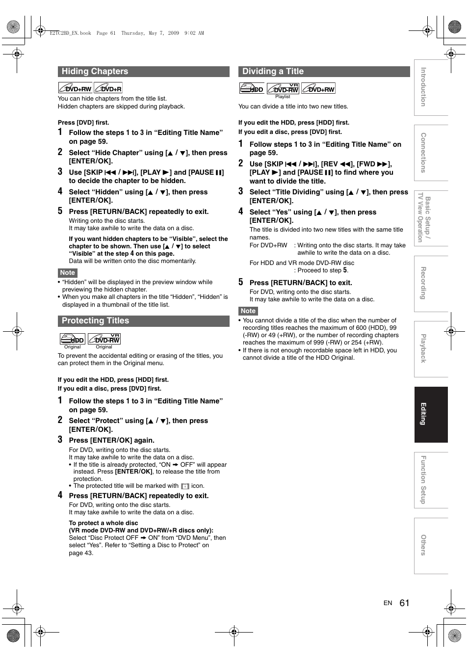 Hiding chapters protecting titles, Dividing a title | Toshiba RD99 User Manual | Page 61 / 80