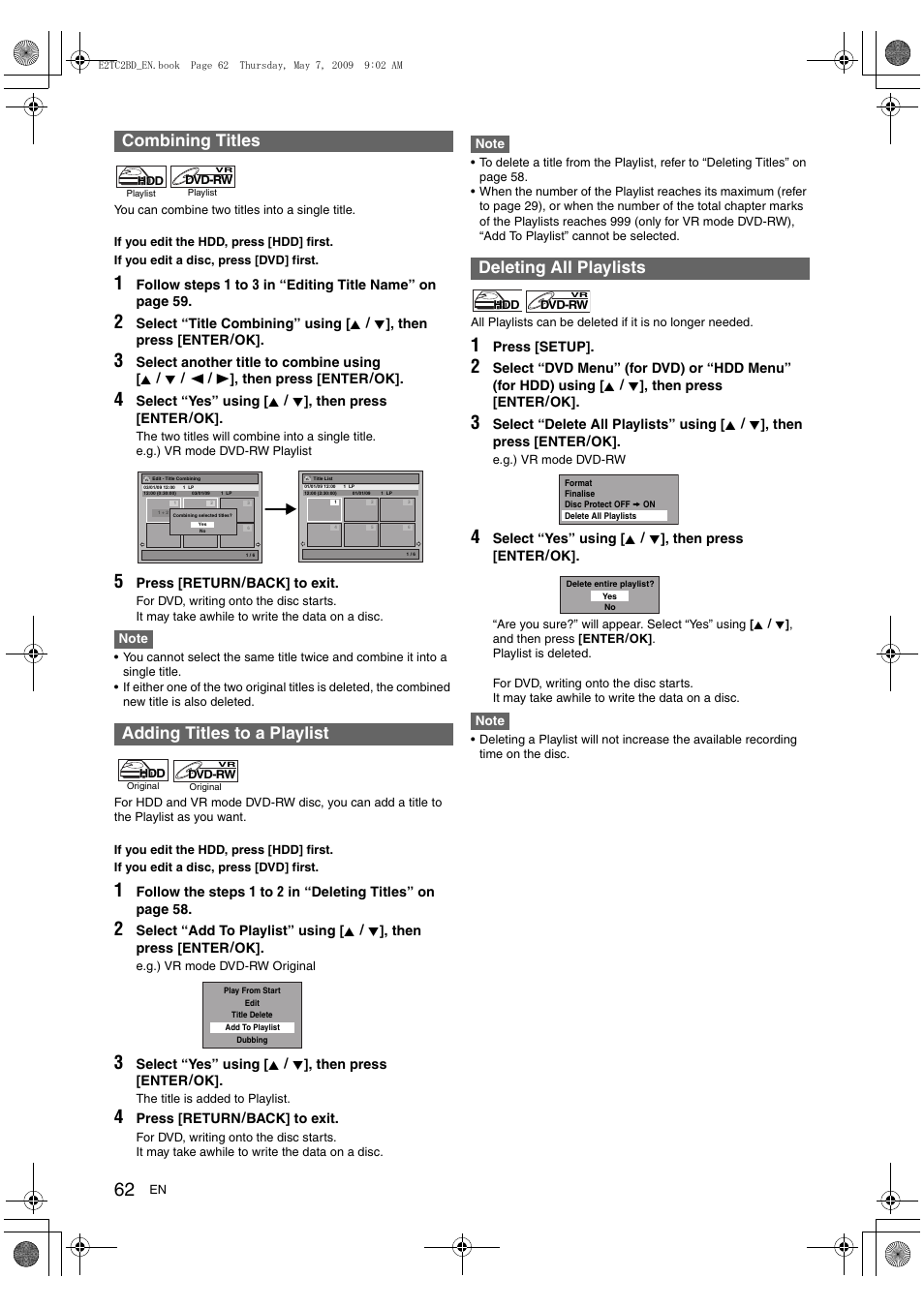 Combining titles adding titles to a playlist, Deleting all playlists | Toshiba RD99 User Manual | Page 62 / 80