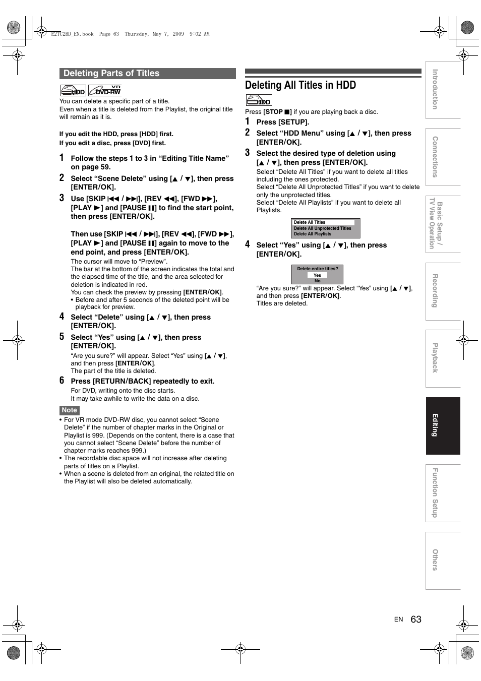 Deleting all titles in hdd, Deleting parts of titles | Toshiba RD99 User Manual | Page 63 / 80