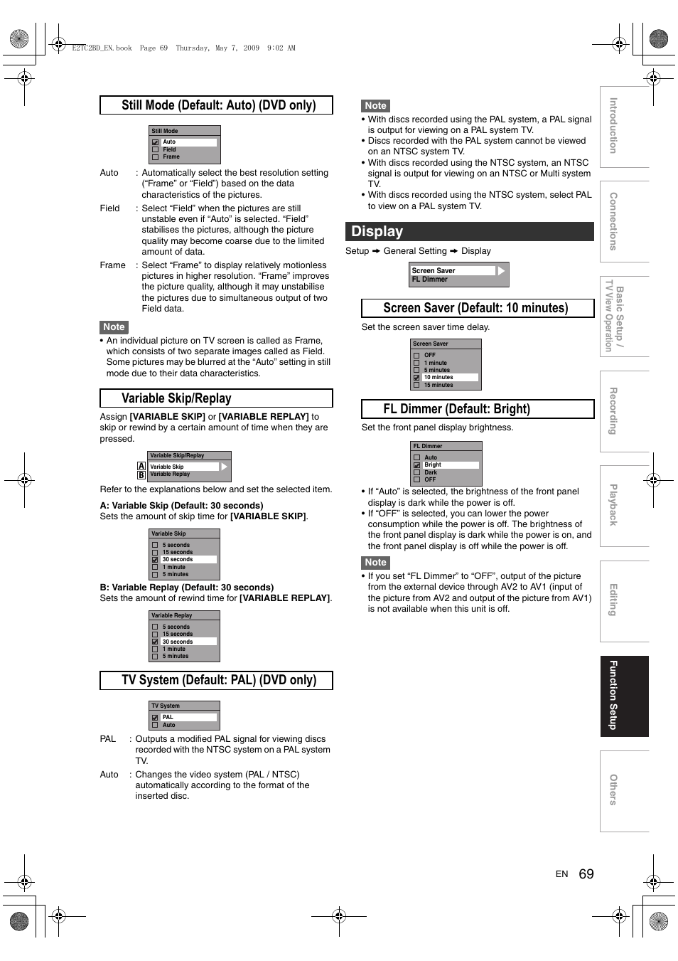 Display, G still mode (default: auto) (dvd only) | Toshiba RD99 User Manual | Page 69 / 80